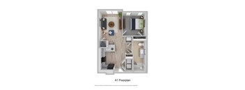 A1 Floorplan shows a small apartment with a kitchen, living room, and bathroom.
